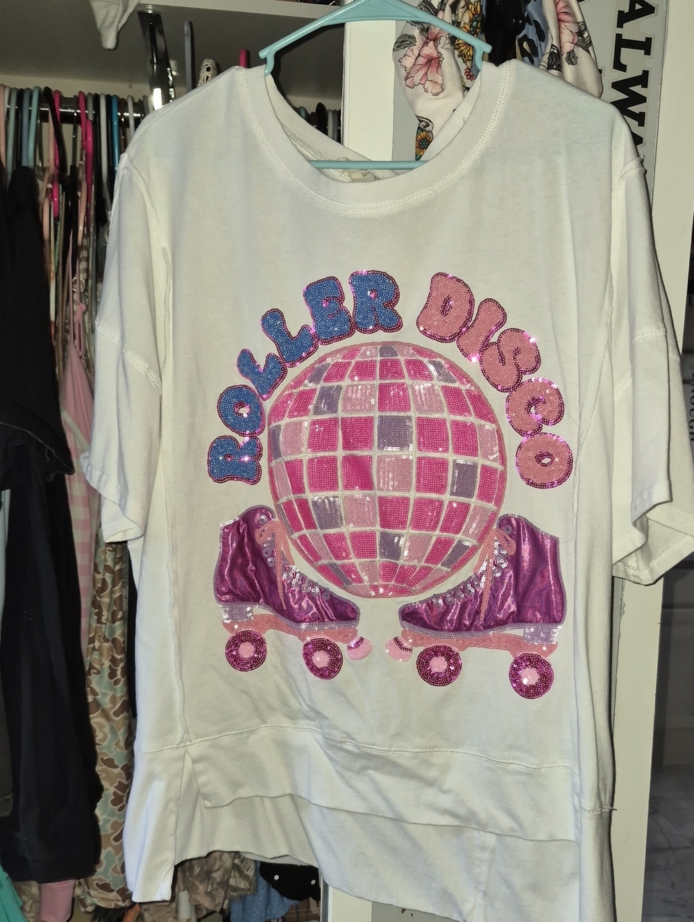 Fantastic Fawn 'Roller Disco' Graphic Tee with Pink Sequin Detail Size Large